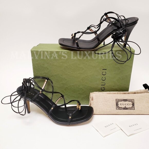 GUCCI SHOES INTERLOCKING G LOGO ANKLE TIE STRAPPY BLACK SANDALS sz 39.5 9.5 - Picture 4 of 15